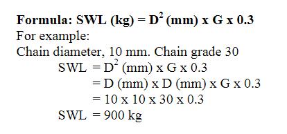 To calculate the SWL of grade 30 or 40 lifting chain in kilograms,