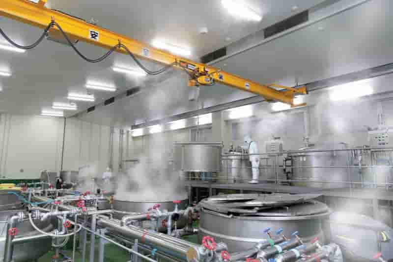 A overhead crane in a food processing factory