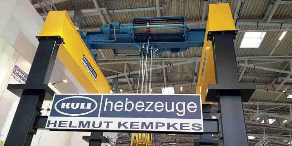 Kuli’s stand from Bauma in Munich, Germany, last year. On show was a 45t-capacity hoist fitted with six energy recuperation units, on the hoisting