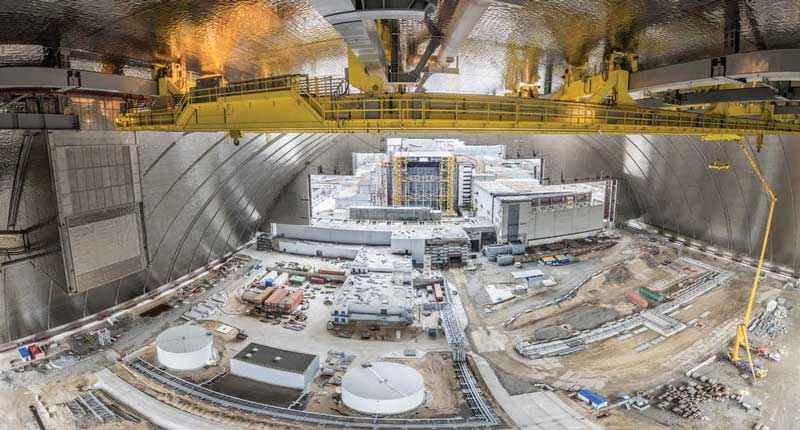 A view of PaR Systems’ Main Cranes System and TensileTruss, installed inside the top of the Chernobyl New Safe Confinement.