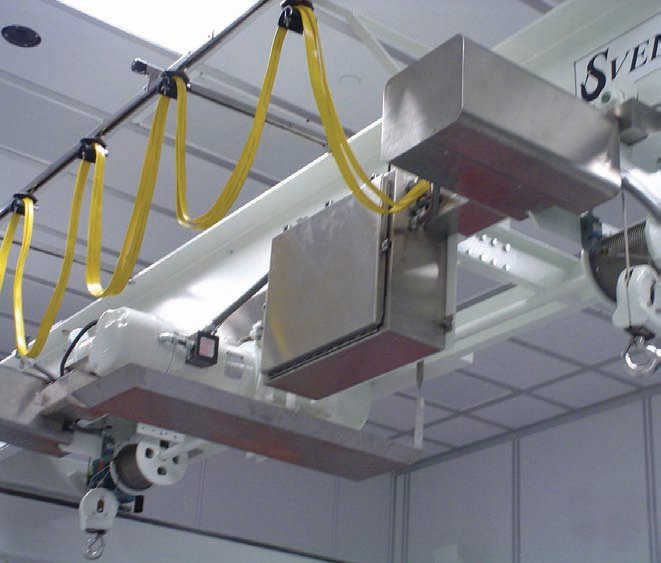 A twin-hook cleanroom dual-rail hoist with freestanding runway, from Electrolift